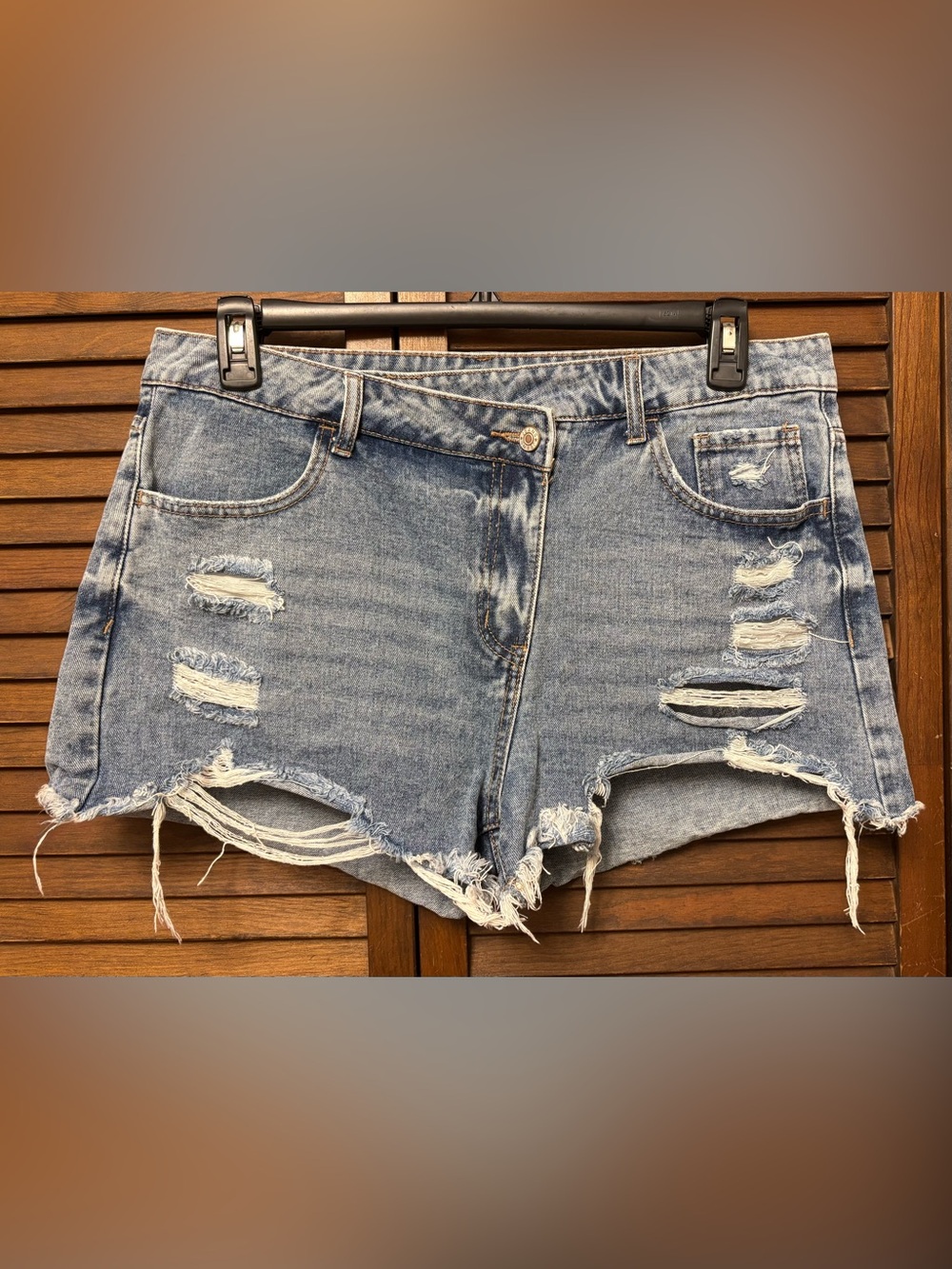 Sexy Distressed Blue Jean - Denim Short Shorts with Crossover Waist - Picture 10 of 11